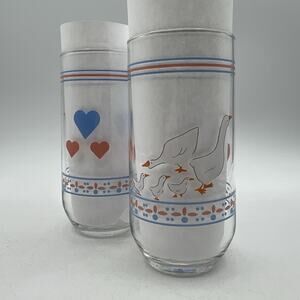 Set 4 1980s Luminarc Hearts & Geese 16oz Glass Beverage Glasses NEW Pink Blue